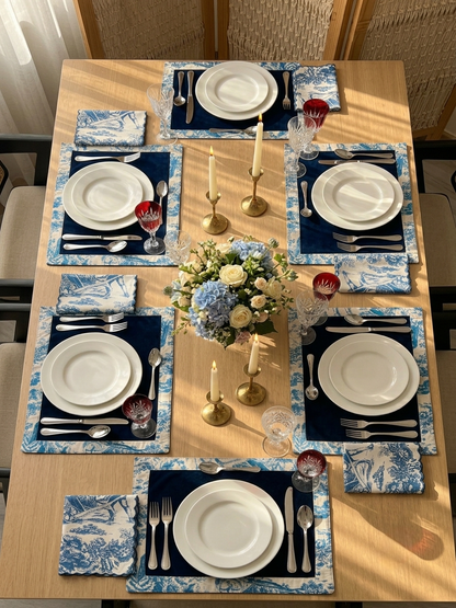 Blue Toile Frame & Napkin Set | Toile Frame Placemats with Scalloped Napkins Set of 6