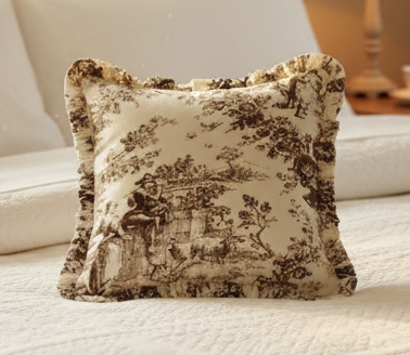 Brown Toile de Jouy print detail on cushion - Viraasa