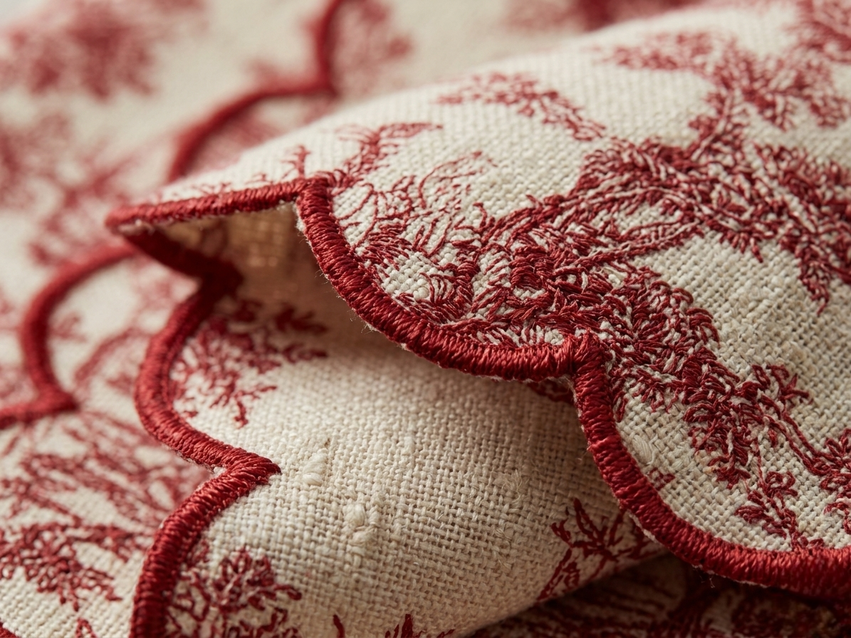 Close-up of red embroidery on beige fabric