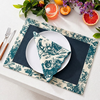 Blue Toile Frame & Napkin Set | Toile Frame Placemats with Scalloped Napkins Set of 6