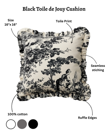 Black Toile de Jouy Filled Cushion | Vintage French Print Home Decor