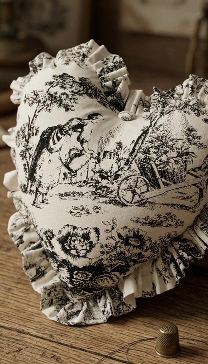 Black Toile de Jouy Heart Filled Cushion | Vintage French Print Decor