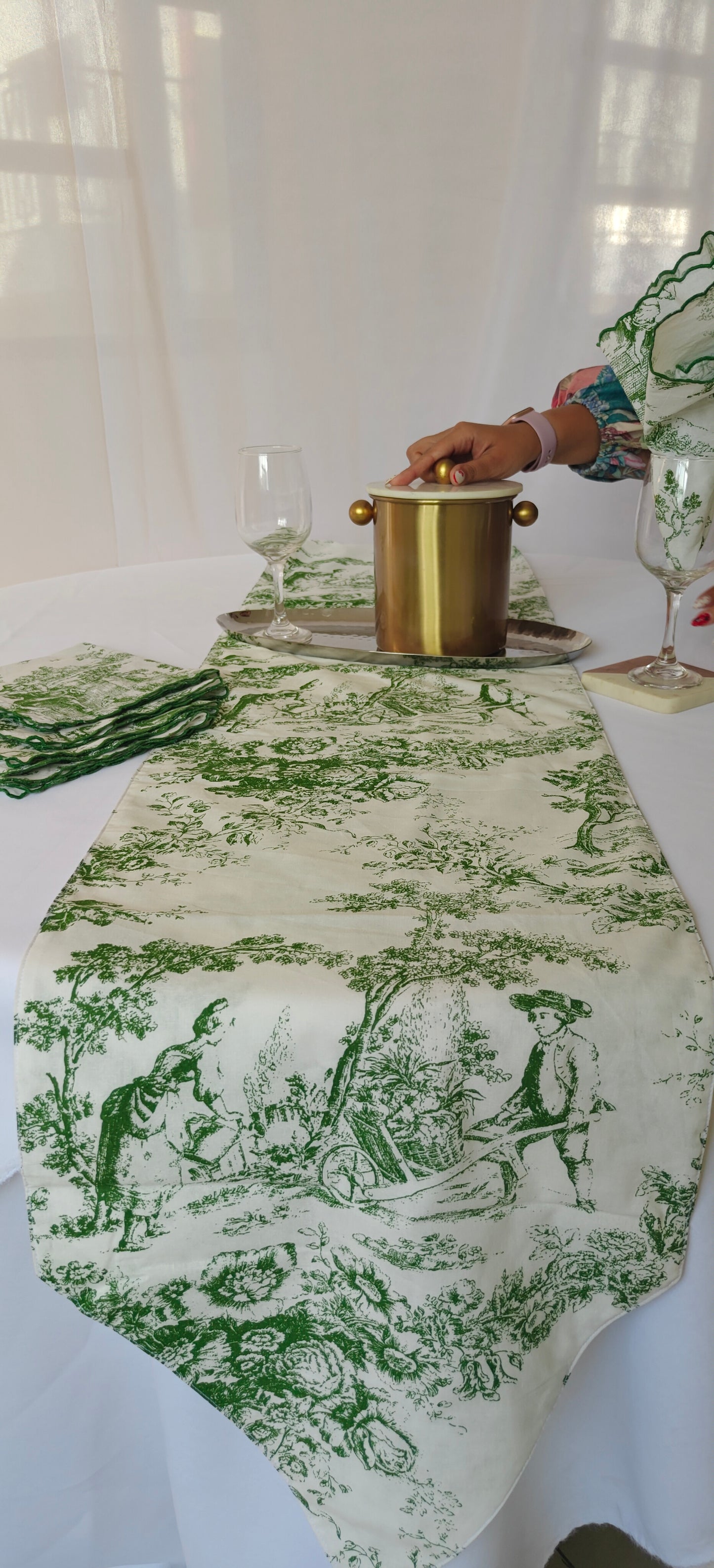 Green Toile de Jouy Table Trio | Runner, Placemats & Napkins Set for 6