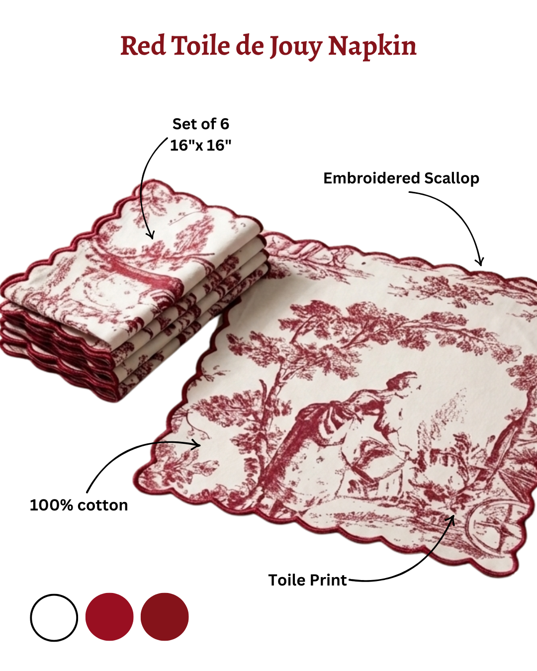Crimson Red Toile de Jouy Scallop Napkins | Hand-Embroidered Set of 6
