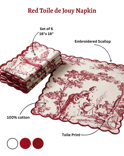 Crimson Red Toile de Jouy Scallop Napkins | Hand-Embroidered Set of 6