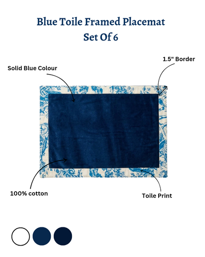 Blue Toile Frame Placemat Set of 6 | Double Layer Organic Cotton