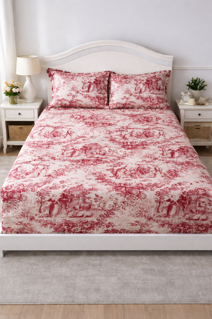 Red Toile de Jouy print detail on cotton bedsheet - Viraasa