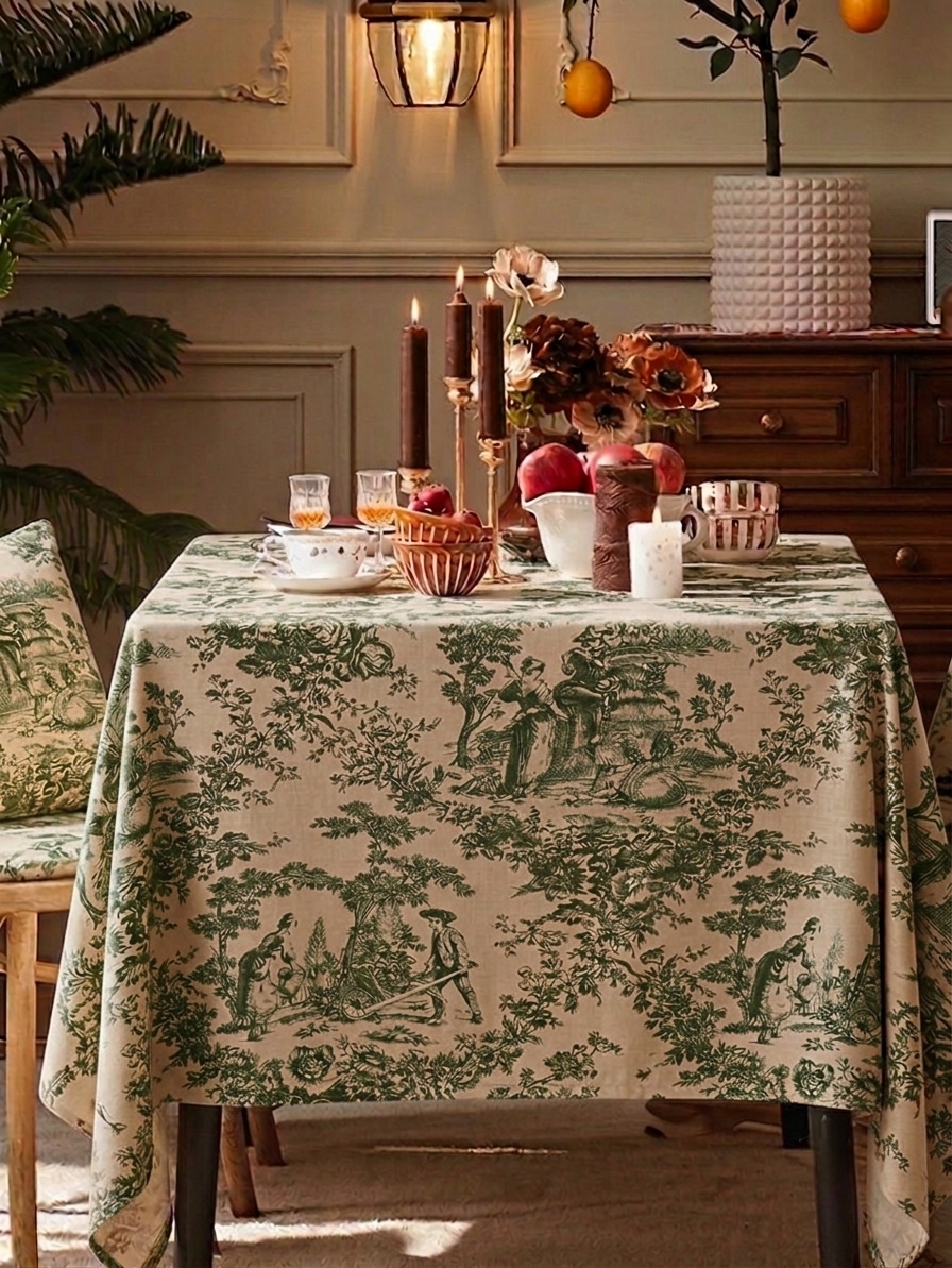 Green Toile de Jouy Cotton Table Cover | French Print Tablecloth