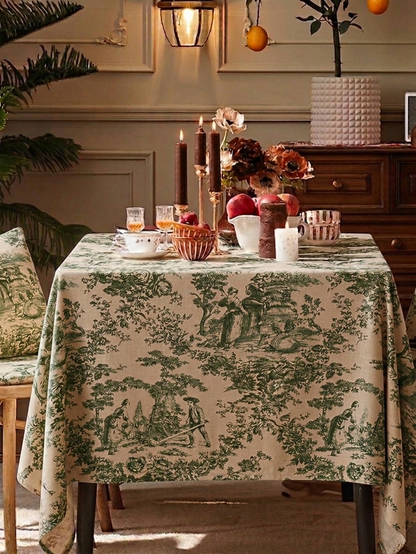 Green Toile de Jouy Cotton Table Cover | French Print Tablecloth