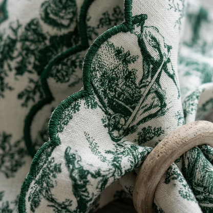 Green Toile de Jouy Scallop Linen Napkins Set of 6 | Premium French Dining