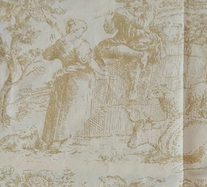 Textile with classical scene design featuring a woman and child on a beige background