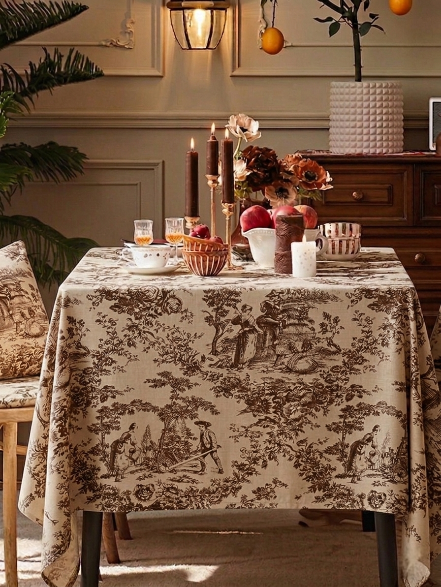 Brown Toile de Jouy Cotton Table Cover | French Print Tablecloth