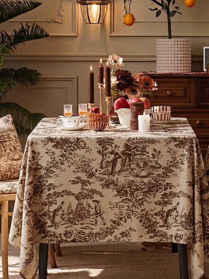 Brown Toile de Jouy Cotton Table Cover | French Print Tablecloth