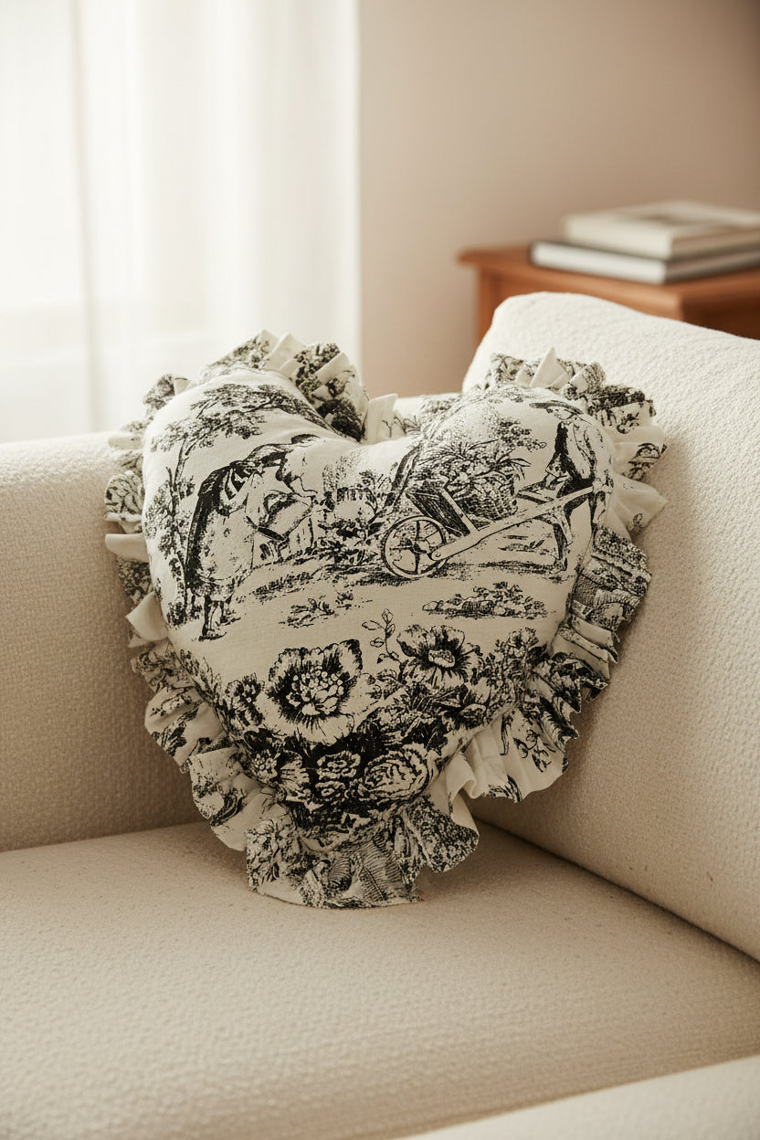 Black Toile de Jouy Heart Cushion Cover - Viraasa luxury French print decor