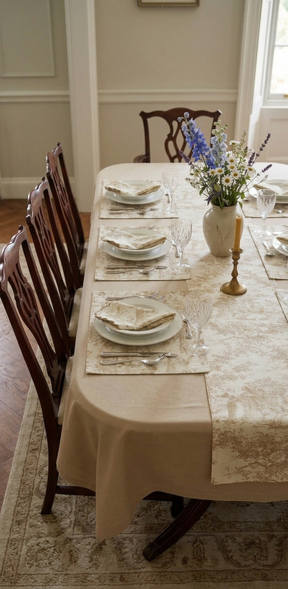 Beige Toile de Jouy Complete Table Setting | Solid Cover, Runner, Placemats & Napkins Set