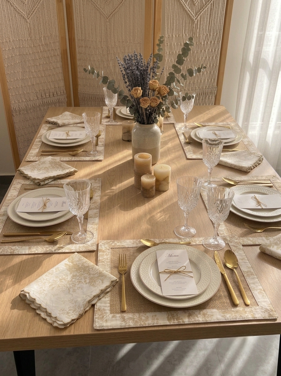 Beige Toile Frame & Napkin Set | Toile Frame Placemats with Scalloped Napkins Set of 6