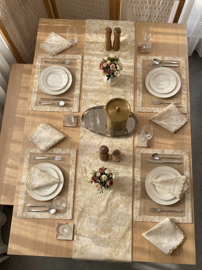 Beige Toile Frame Table | Runner, Placemats & Scalloped Napkins Set