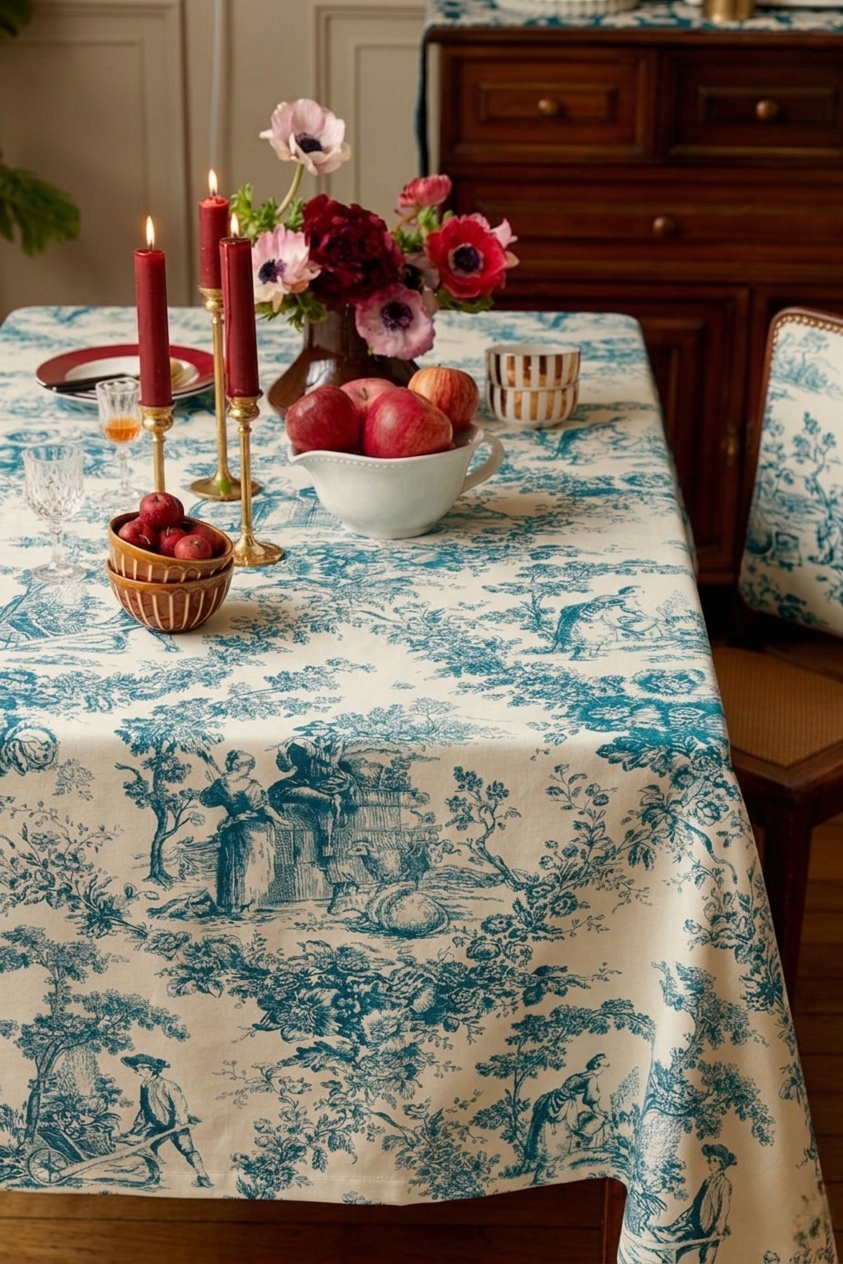 Blue Toile de Jouy Cotton Table Cover | French Print Tablecloth