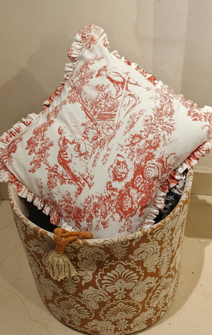 Back view of Brick Pink Toile de Jouy cushion - Viraasa