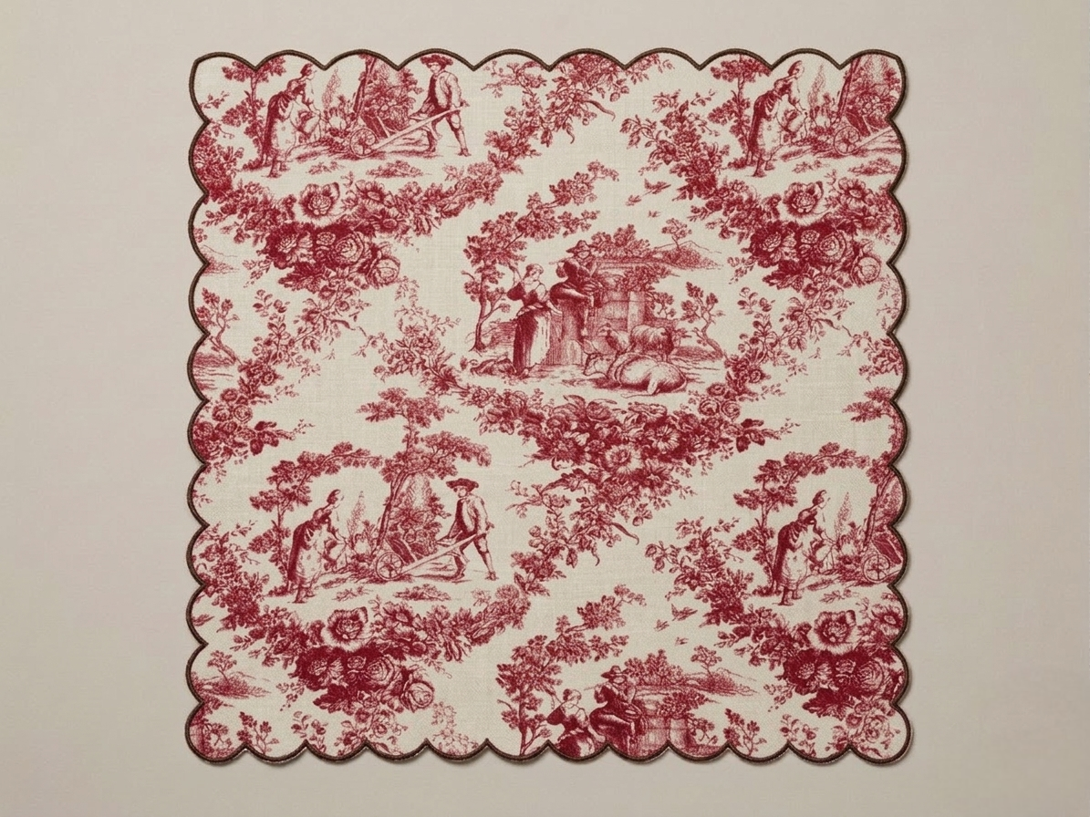 Red floral and landscape pattern on a beige background napkin