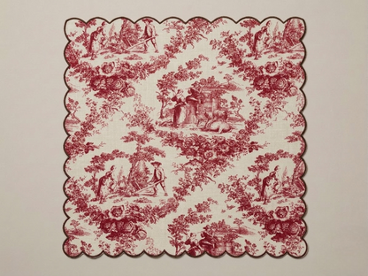 Red floral and landscape pattern on a beige background napkin