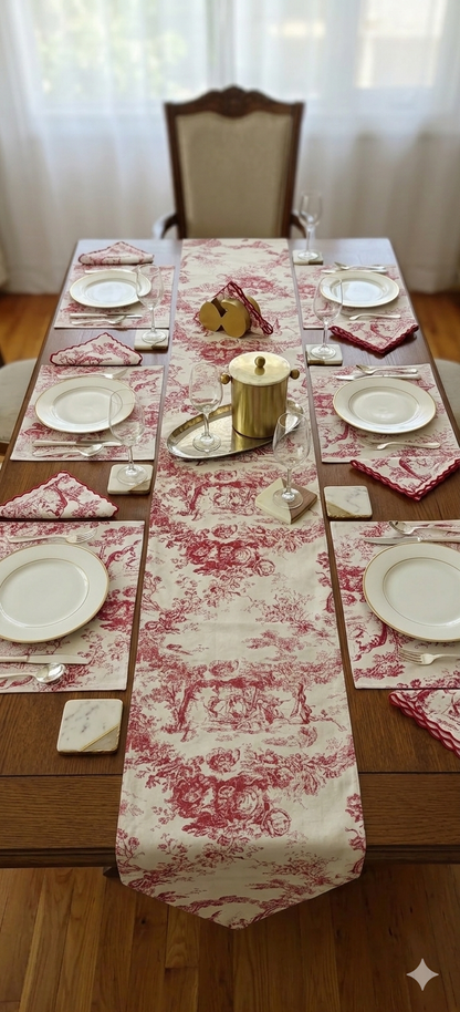 Red Toile de Jouy Table Trio | Runner, Placemats & Napkins Set for 6