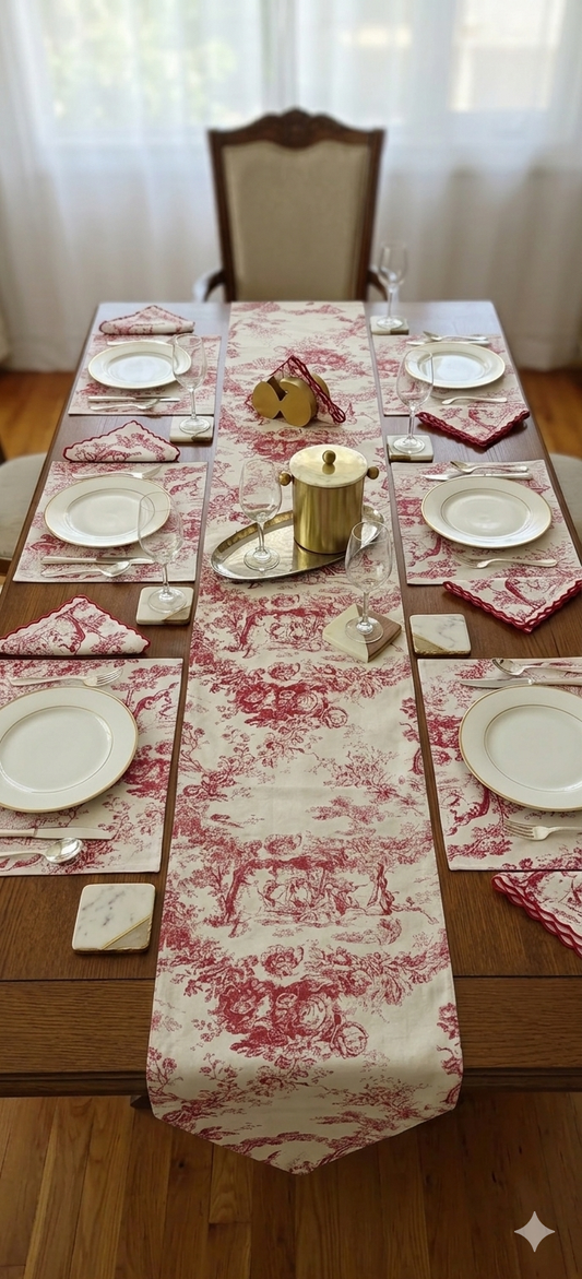 Red Toile de Jouy Table Trio | Runner, Placemats & Napkins Set for 6