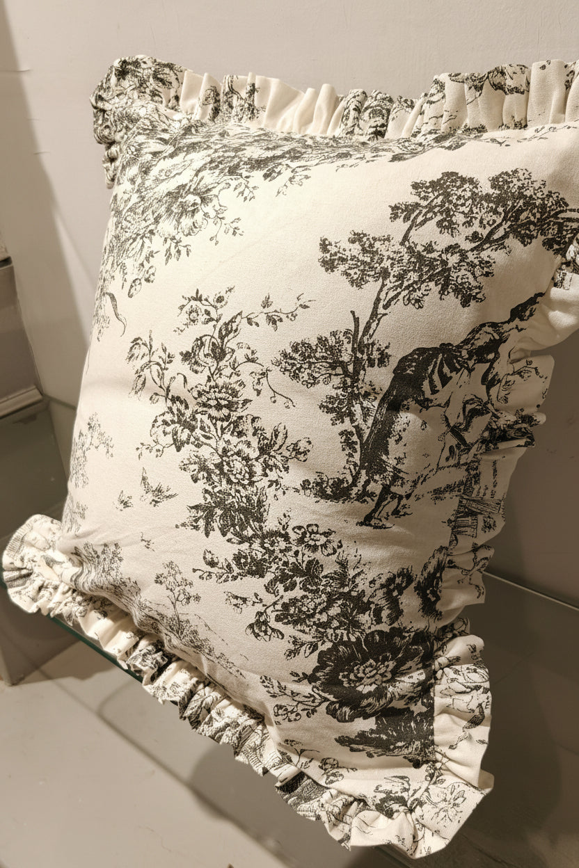 Grey Toile cushion styled on sofa - Viraasa luxury French linens