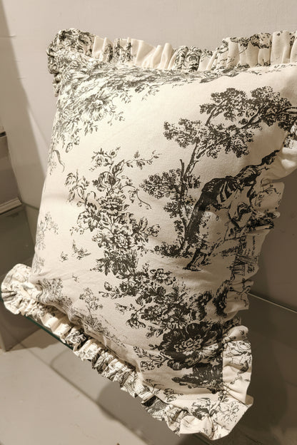 Grey Toile cushion styled on sofa - Viraasa luxury French linens