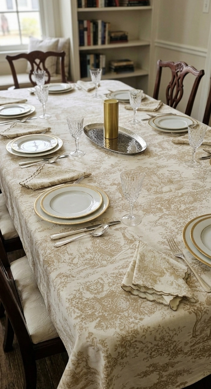 Beige Toile de Jouy Table Cover & Napkins Set | Table Cover with 6 Scallop Napkins