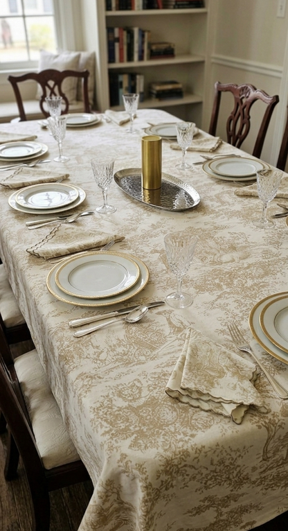 Beige Toile de Jouy Table Cover & Napkins Set | Table Cover with 6 Scallop Napkins