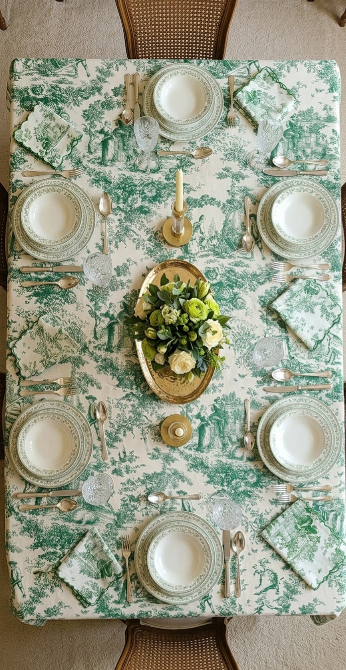 Green Toile de Jouy Table Cover & Napkins Set | Table Cover with 6 Scallop Napkins