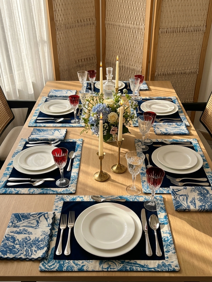 Blue Toile Frame & Napkin Set | Toile Frame Placemats with Scalloped Napkins Set of 6