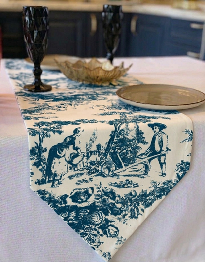 Blue Toile de Jouy Azure Cotton Table Runner | French Print Dining