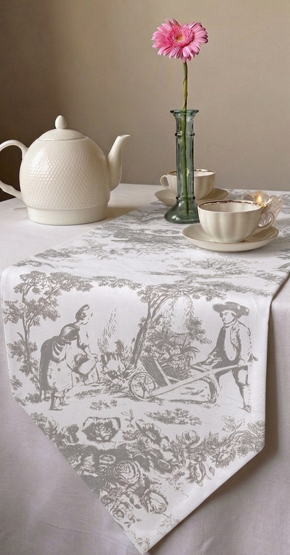 Grey Toile de Jouy Cotton Table Runner | French Print Dining Runner