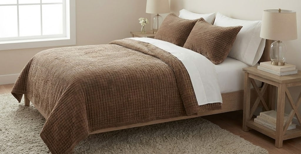 Brown Velvet Quilted Bedcover Set | Premium Cotton Velvet Bedding