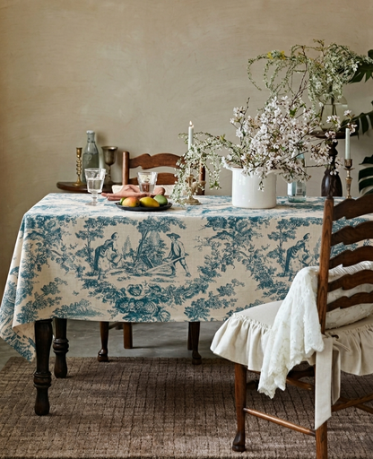 Blue Toile de Jouy Cotton Table Cover | French Print Tablecloth