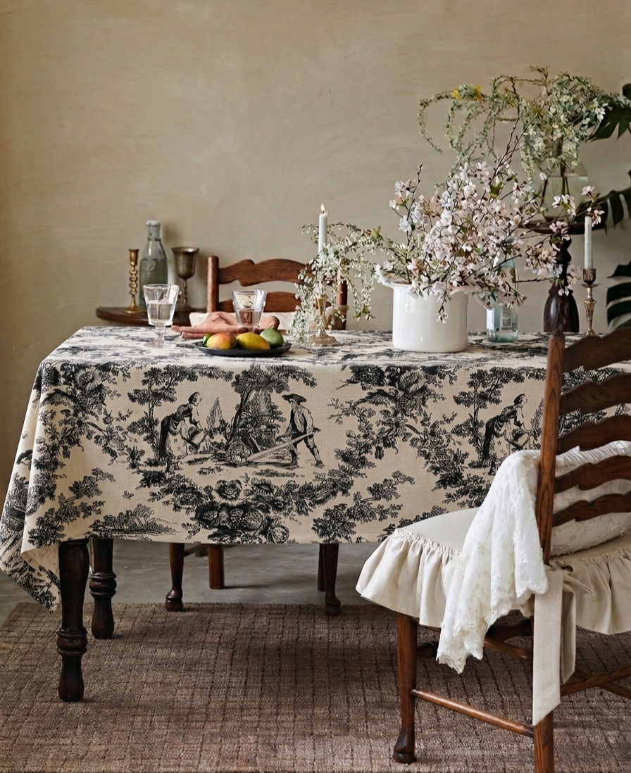 Black Toile de Jouy Cotton Table Cover | French Print Tablecloth