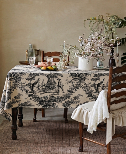 Black Toile de Jouy Cotton Table Cover | French Print Tablecloth