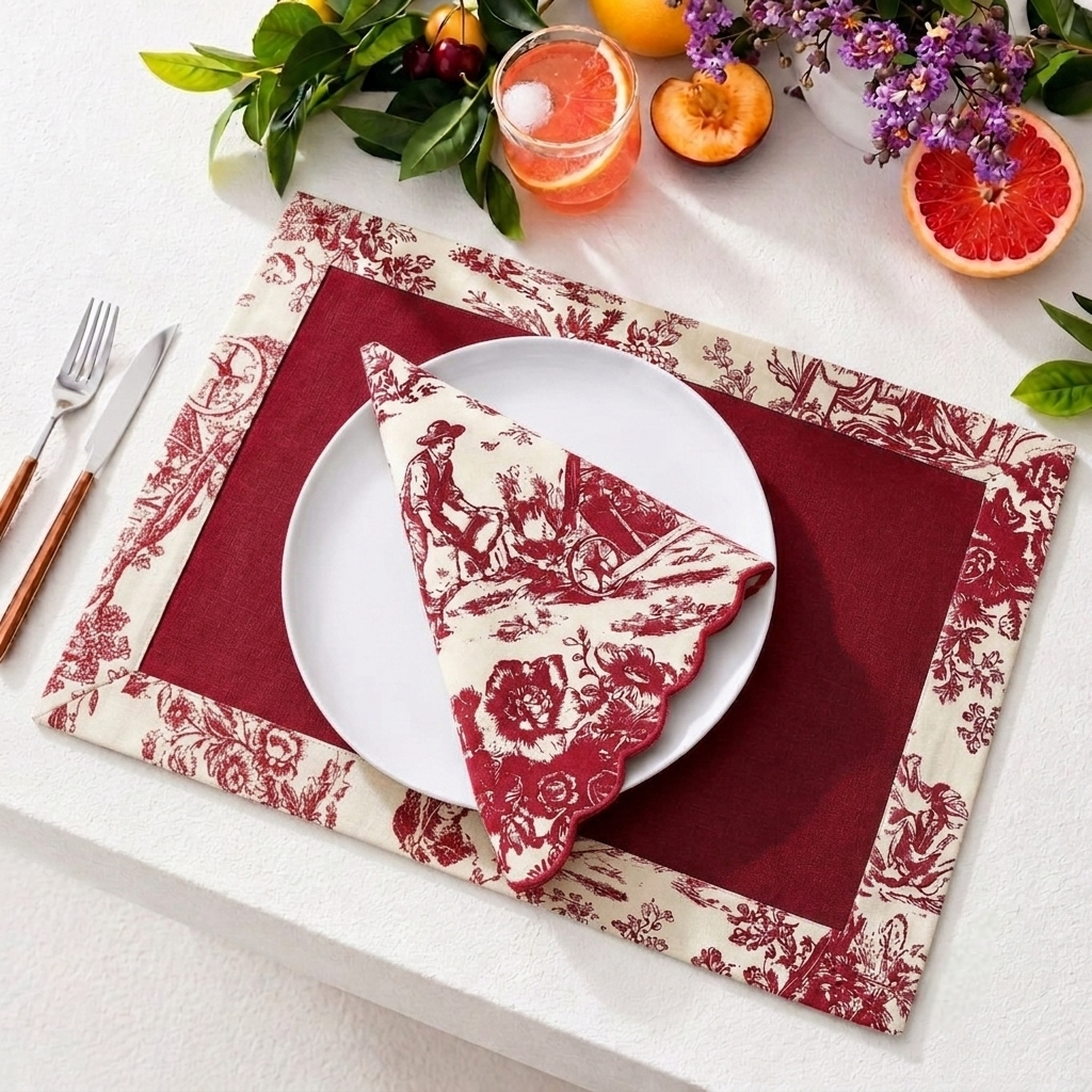 Red Toile Frame & Napkin Set | Toile Frame Placemats with Scalloped Napkins Set of 6