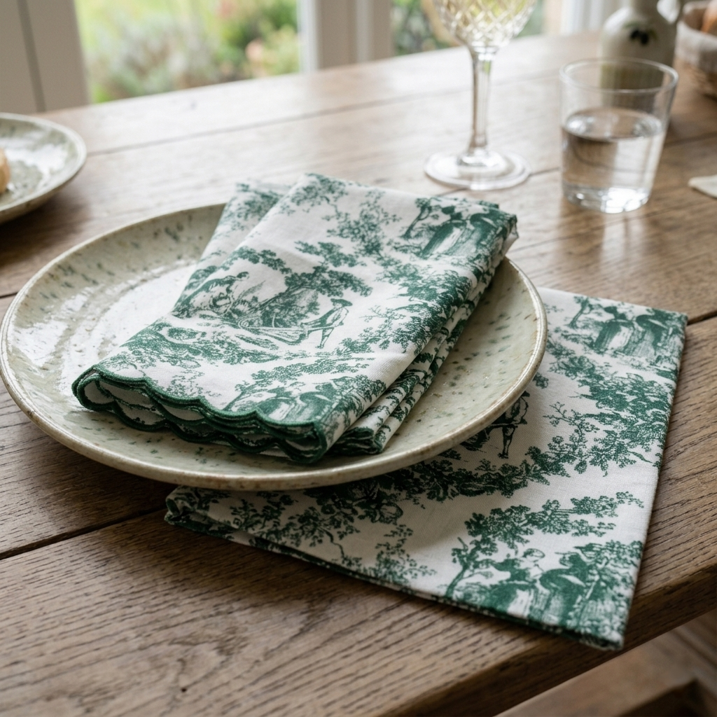 Green Toile de Jouy Scallop Linen Napkins Set of 6 | Premium French Dining