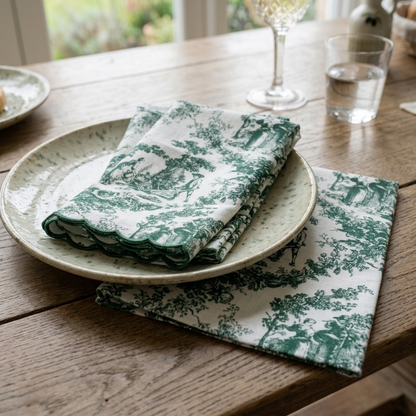 Green Toile de Jouy Scallop Linen Napkins Set of 6 | Premium French Dining