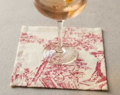 Close-up of Red Toile cotton napkin fabric - Viraasa luxury