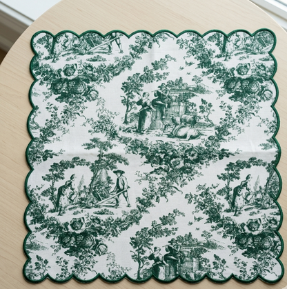 Green Toile de Jouy Scallop Linen Napkins Set of 6 | Premium French Dining