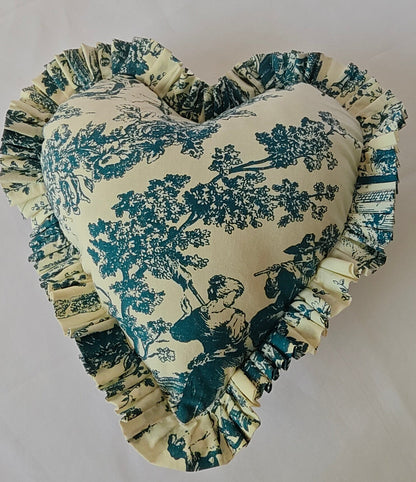 Blue Toile heart cushion styled on sofa - Viraasa luxury home