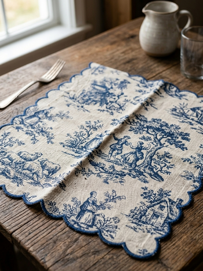 Blue and white patterned Napkin on a wooden table with a pitcher and glass.