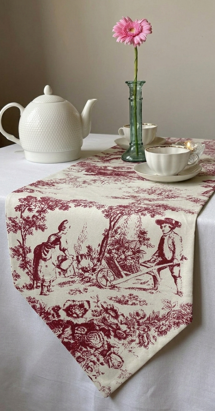 Red Toile de Jouy Crimson Cotton Table Runner | French Print Dining