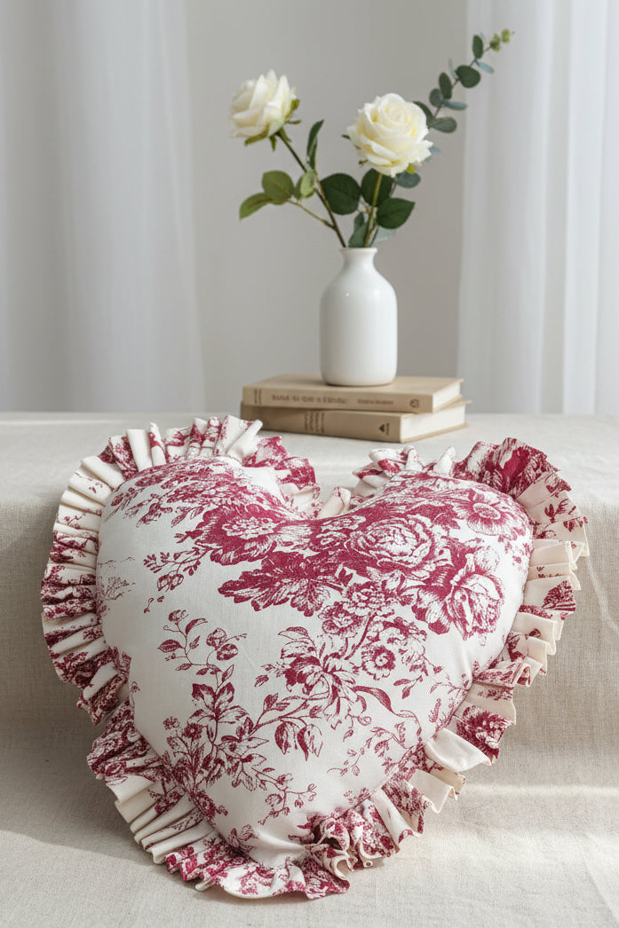 Red Toile de Jouy Heart Cushion Cover - Viraasa luxury French print decor