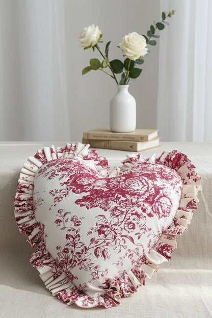 Red Toile de Jouy Heart Cushion Cover - Viraasa luxury French print decor