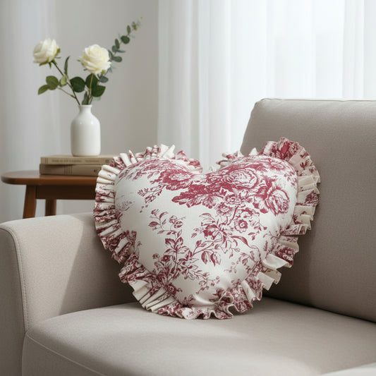 Red Toile de Jouy Heart Cushion Cover - Viraasa luxury French print decor